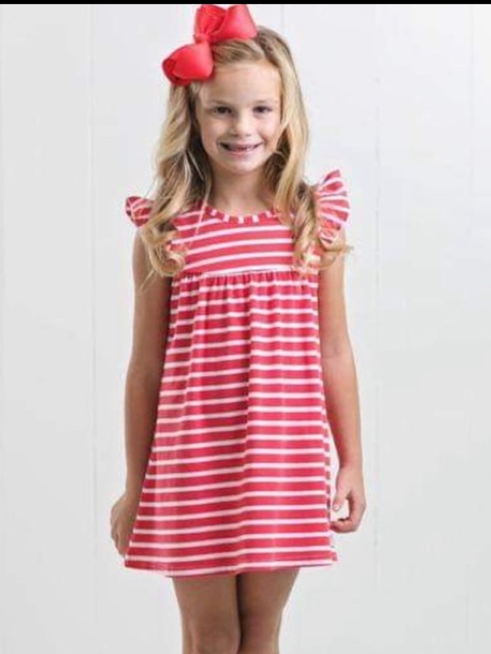 Ruffle Girl Coral/White Pencil Stripe Pearl Dress